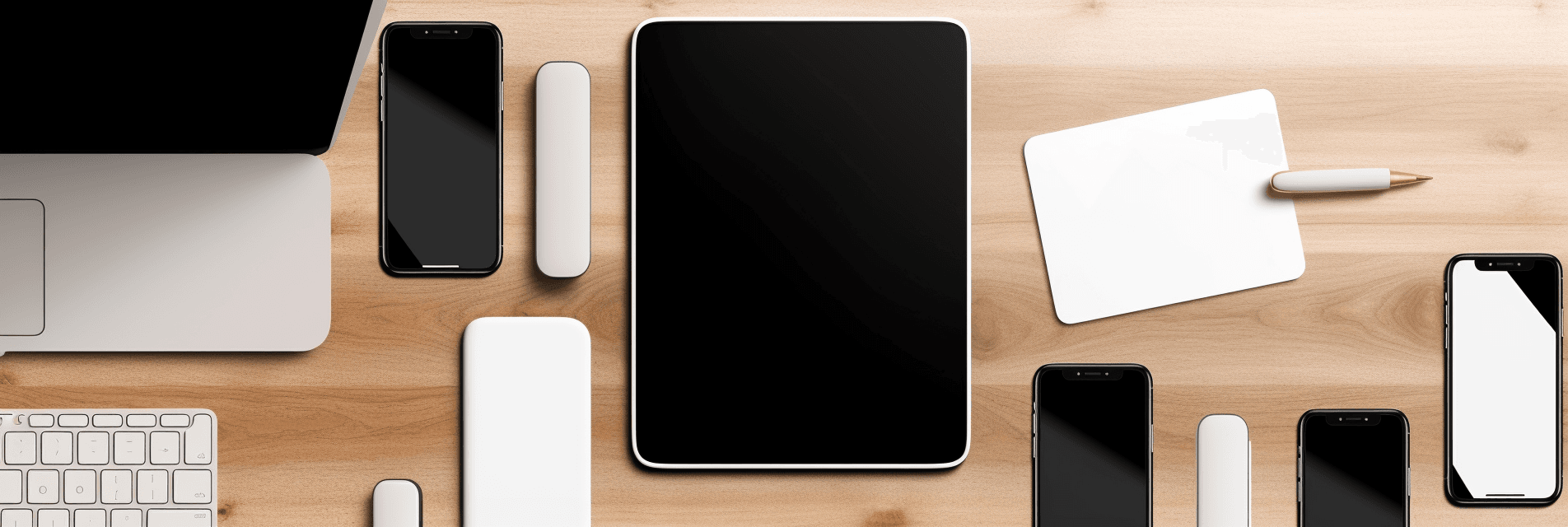 Modern phones, tablets and laptops lying on wooden table